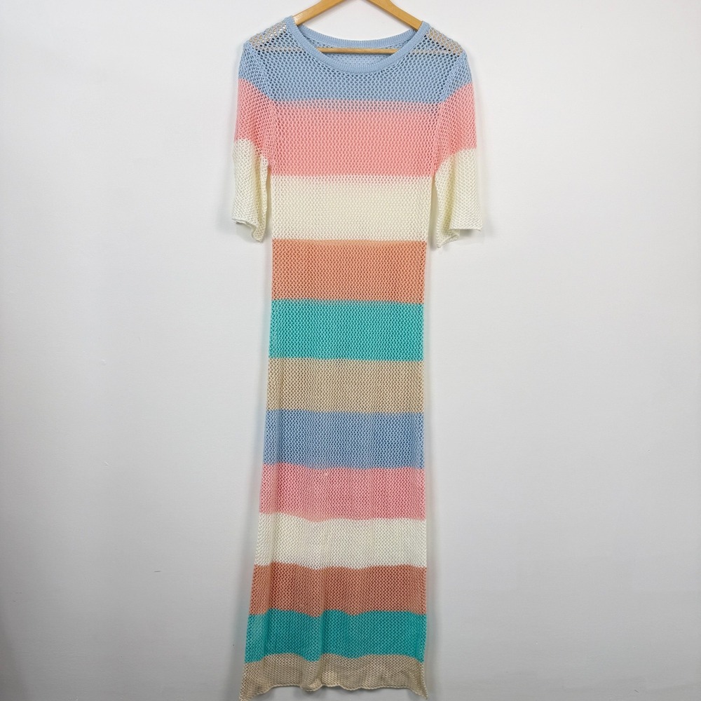 Pastel‎ Rainbow Stripe Crochet Open Knit Maxi Dress Womens Medium Boho Beach